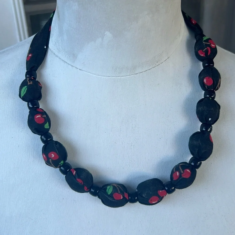 VTG Cherry Printed Fabric Covered Bead Necklace